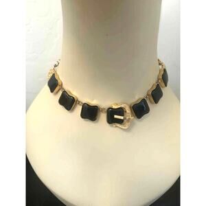 Vintage 80s Gold & Black Belt Buckle Choker Necklace Statement Adjustable Runway